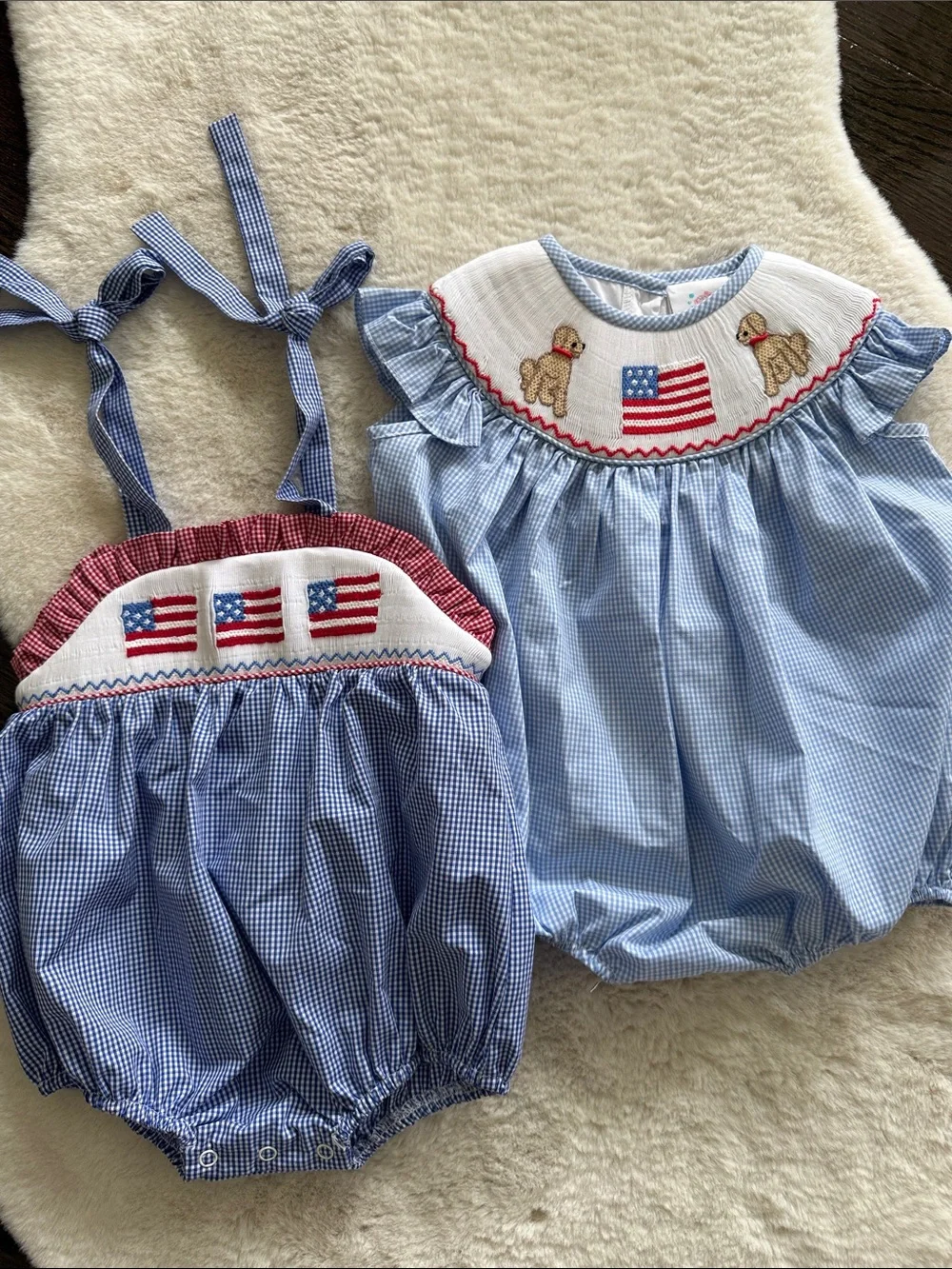 Sticky Fish USA Flag Smocked Blue Gingham Bubble Rompers Set - Size 9 months